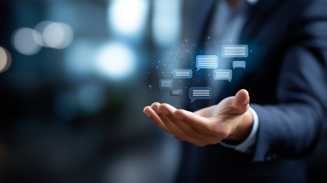 Executive hand displaying conversation bots with global networking defocused background AI virtual support automated client service linguistic interpretation real time
