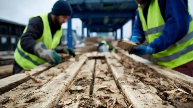 Detailed view of workers managing pressure treatment machinery as treated wood is prepared for commercial use illustrating safety and precision