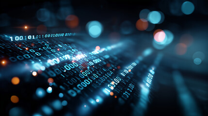 Close up binary code digital art depiction blurred bokeh effects cool blue color tones data visualization programming symbolism computational representation with copy space