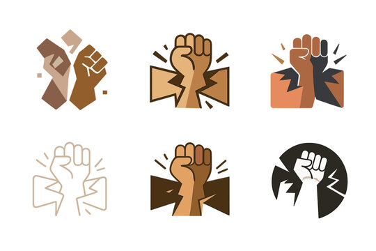 Diverse Hands Icons. Breaking stereotypes. Icon set. Set Logo of Breaking stereotypes: diverse hands breaking barrier. harmonious logo variations of the same