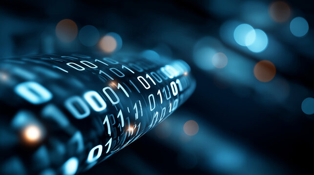 Close up binary code digital art depiction blurred bokeh effects cool blue color tones data visualization programming symbolism computational representation with copy space
