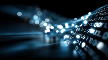 Close up binary code digital art depiction blurred bokeh effects cool blue color tones data visualization programming symbolism computational representation with copy space