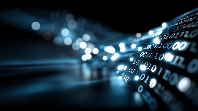 Close up binary code digital art depiction blurred bokeh effects cool blue color tones data visualization programming symbolism computational representation with copy space