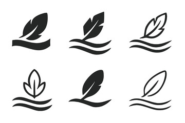 Obraz premium Fabric Care Logos. Laundry and clothing hygiene. Icon set. Set Logo of soft fabric: feather floating over fabric wave. harmonious logo variations of the same