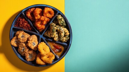 Assorted fried seafood platter with dipping sauce on colorful background,National Fritters Day