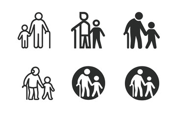 Family Connection Icons. Kids with their grandparents and elderly family members. Icon set. Set Logo of family connection: shared meal at table. harmonious