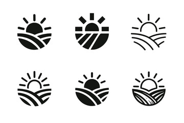 Farm Life Logo Variations. Family farm life and traditional agricultural practices. Icon set. Set Logo of crop cultivation: plowed field with sun rays.