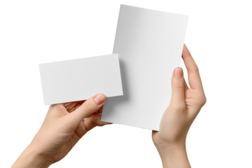 Two blank white cards, one large and one small, held in hands