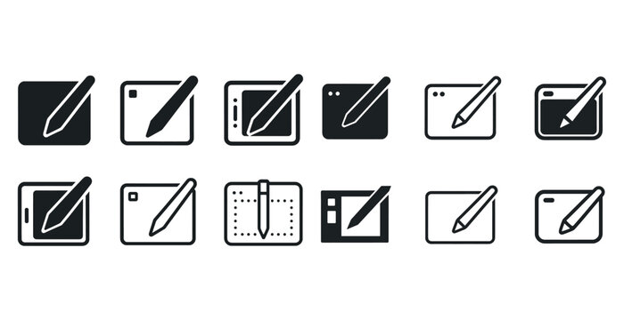 Digital drawing tablet icon set illustrations with pen stylus in various styles