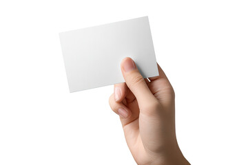 A hand holds a blank white card.  Close-up, neutral background