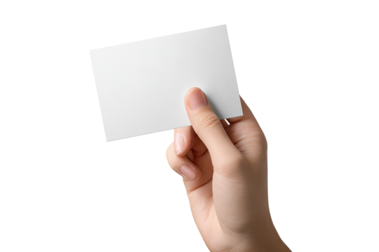 A hand holds a blank white card.  Close-up, neutral background