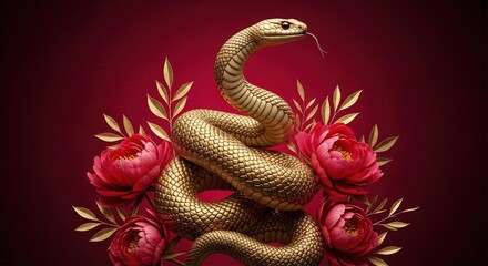 Fototapeta premium Golden snake coiled among vibrant red peonies and shimmering golden leaves on a deep red background