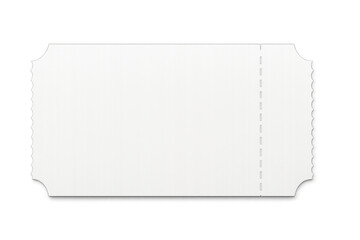 Blank white paper ticket or coupon template with perforated tear-off stub and rounded corners. Transparent background