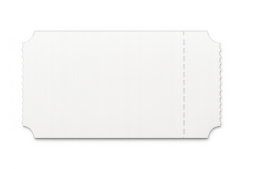 Blank white paper ticket or coupon template with perforated tear-off stub and rounded corners. Transparent background