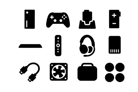 Console Accessories Icons. Console Accessories. Solid icon set of Console Accessories: console, gamepad, charging dock, battery pack, console stand, media