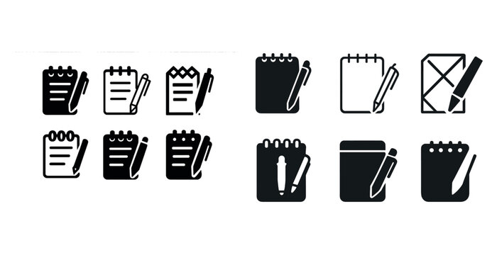 Set of notebook and pencil icons in various styles and designs