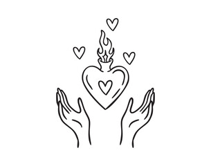 Two hands holding heart love potion, passion and magic, hand drawn, line art outline, hand drawn