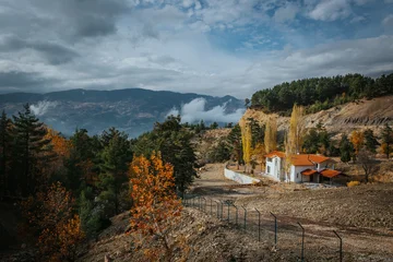 Selbstklebende Fototapeten Fallen A peaceful autumn mountain scene with a white countryside house, vibrant orange foliage and pine trees under a soft cloudy sky. Warm tones and natural textures create a calm, atmospheric landscape.  © travellovechild