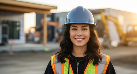 Smiling female construction worker wearing hard hat and safety vest at a construction site during sunny golden hour