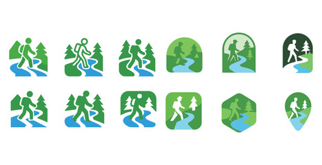 Hiking icons: nature trails, forests, and river paths symbols