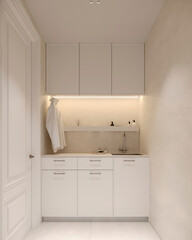 Compact laundry room with built-in cabinets, sink, and warm ambient lighting in a clean modern style.