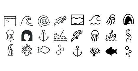Fototapeta premium Oceanic icons: waves, marine life, diving, and nautical symbols