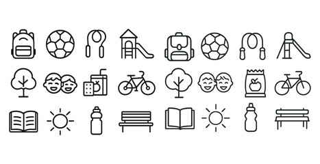 Fototapeta premium Playground and recreation icons: backpack, ball, slides, trees, drinks, books, sun, bicycle