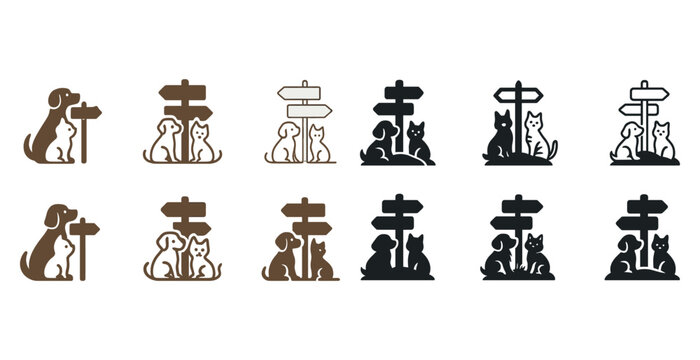 Stylized dog and cat with directional sign silhouettes in various colors