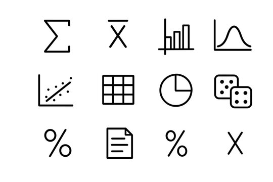 Statistical Formula Icons. Statistical formulas. Line icon set of statistical formulas: sigma symbol, mean average, bar chart, bell curve, scatter plot,