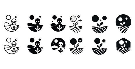 Fototapeta premium Set of black and white alien icons with plant and stars in minimalist design