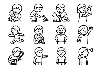 Naklejka premium Children with Animals Icons. Children with animals. Line icon set of Children with animals: child holding puppy, child feeding bird, child playing with cat,