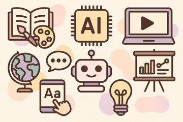 Innovative digital learning tools illustrated with education, technology, artificial intelligence, creativity, global communication, and data visualization in modern education environments