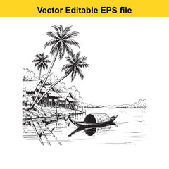 A tranquil backwater scene with a traditional houseboat, palm trees, and thatchedroof houses isolated on, capturing keralas serene beauty
