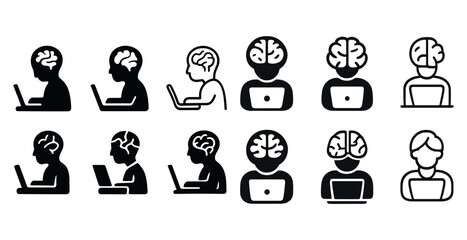 Fototapeta premium Vector icons of people using laptops with brain illustrations for learning and innovation concepts