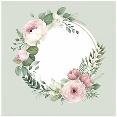 botanical design fo round wreath with leaves and flowers, floral background, ai generative