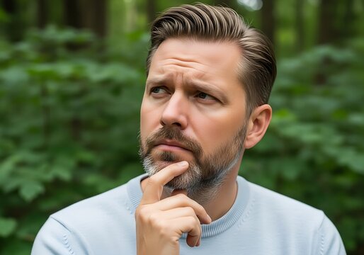 a close up portrait of a thoughtful man with a beard looking upwards while pondering something in a lush green forest background - Powered by Adobe