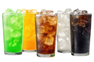 Four soda drinks in glasses filled with ice