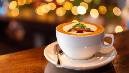 A cozy cappuccino topped with Christmas tree latte art, placed on a wooden counter with warm golden bokeh lights creating a festive holiday atmosphere.