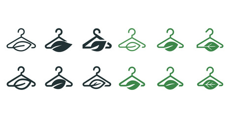 Fototapeta premium Eco-friendly clothing hanger icons with leaf design in green and black