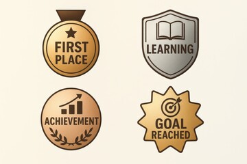 Visual representation of achievement and success featuring diverse badges of distinction emphasizing learning growth and accomplishment embodying a motivational journey toward excellence