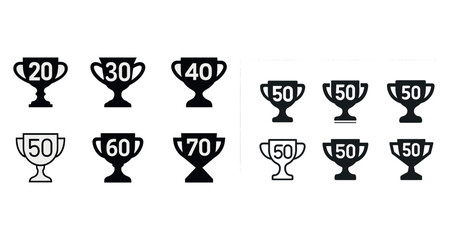Trophy icons representing age milestones 20 to 70 in black and white design