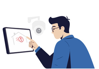 man checks motion detection on a tablet displaying a house with a warning symbol Modern illustration digital art security concept