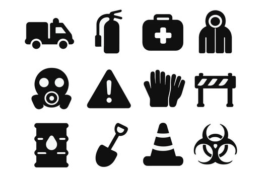 Emergency Icon Set. Emergency Response. Solid icon set of Emergency Response: emergency truck, fire extinguisher, first aid kit, hazmat suit, gas mask, warning