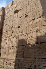 Ancient Egyptian hieroglyphs on stone wall, Karnak Temple Complex, Luxor, Egypt, Africa. Stone carvings with hieroglyphs at Karnak temple, Luxor, Thebe