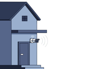 stylized illustration depicts a home with a security camera and a Smart Watch transmitting a signal Clean modern design with a focus on home security and technology