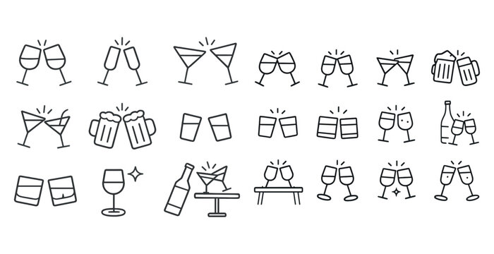 Variety of drink icons: glasses, bottles, beer mugs, and cheers illustrations