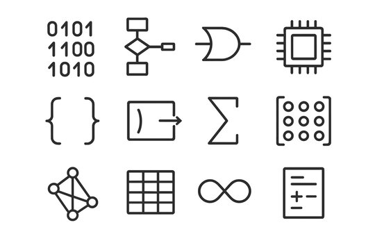Computer Science Icons. Computer science formulas. Line icon set of computer science formulas: binary code, algorithm flowchart, logic gate, CPU chip, bracket