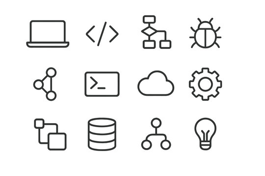 Programming Workflow Icons. Programming workflow. Line icon set of programming workflow: laptop, code brackets, flowchart, bug, commit, terminal, cloud, gear,