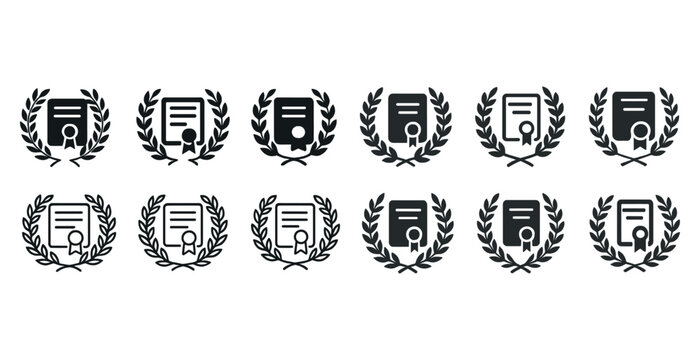 Collection of certificate icons with laurel wreaths in black and white