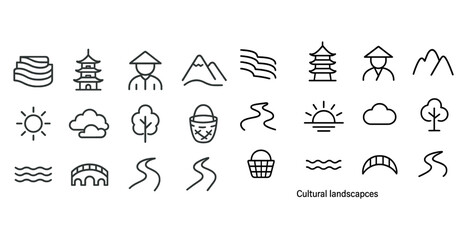 Fototapeta premium Outline collection of cultural landscapes featuring pagodas and natural elements